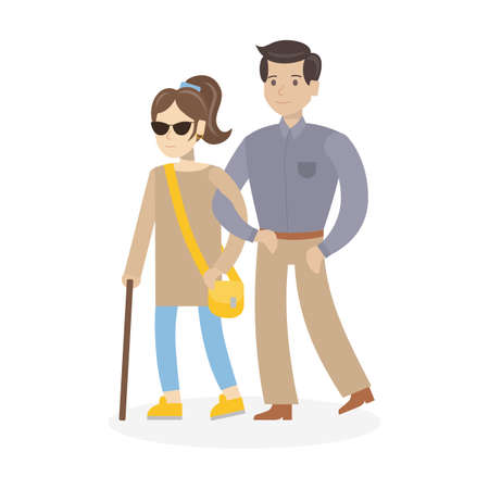 Isolated disabled woman on white background. Young beautiful blind woman in dark glasses with stick and helper.のイラスト素材