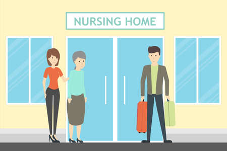 Coming at nursing home. Seniors and helpers. People relax and do hobbies.のイラスト素材