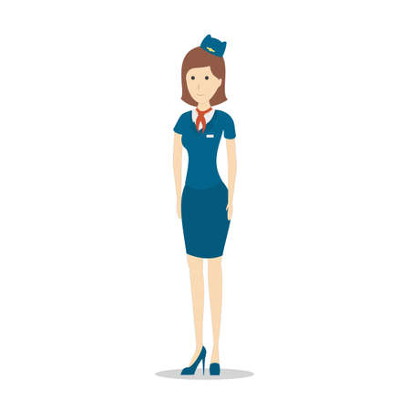Isolated flight attendant on white background. Beautiful female stewardess in blue uniform gesturing.のイラスト素材