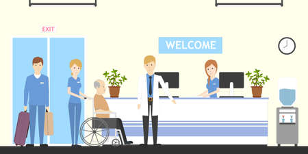 Reception at nursing home. Seniors and helpers. People relax and do hobbies.のイラスト素材