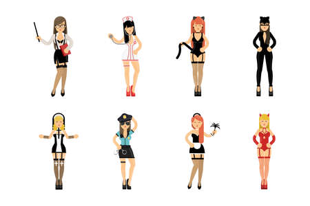 Sexy women set on white background. Girls in different costumes as nurse, maid, catwoman and more.のイラスト素材