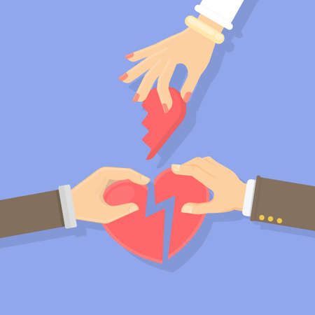 Broken heart concept. Male and female hands hold pieces of broken heart. Idea of divorce, break up and betrayal.のイラスト素材