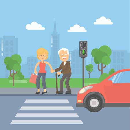 Helping old man. Woman helps an old man to cross the road and held the bags.のイラスト素材