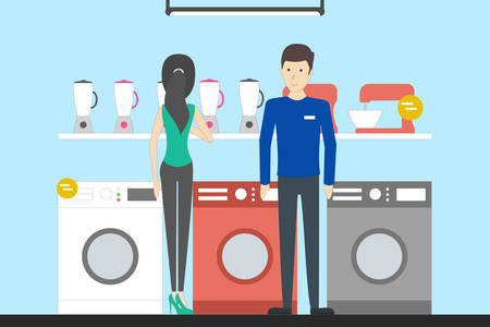 Appliance store with visitors. Credit department. People buying washing machines.のイラスト素材