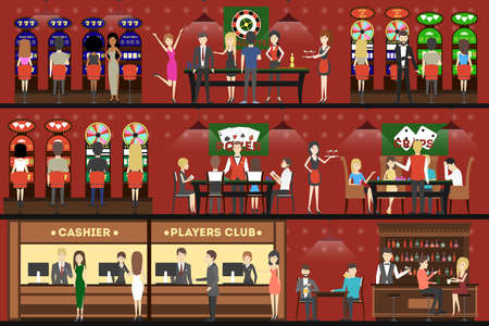 Casino interior set. Cashier, players club and tables. Visitors play and gamble.のイラスト素材