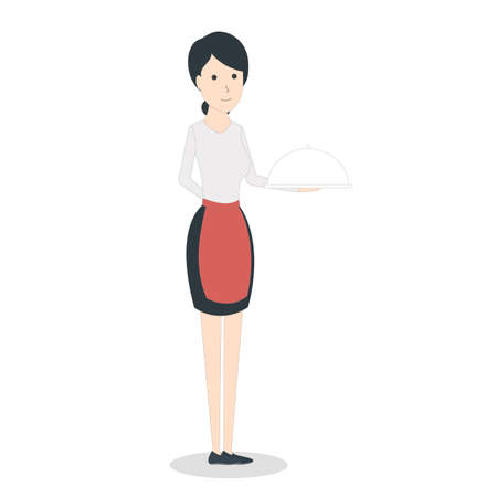 Isolated waitress on white background. Woman in uniform with a tray.のイラスト素材