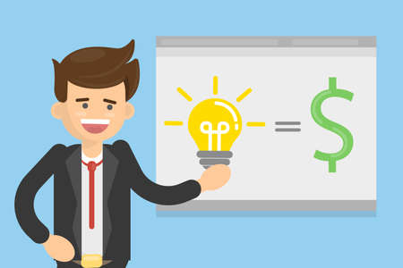 Businessman with presentation stands near the board and shows how to make money. Dollar and idea signs.のイラスト素材