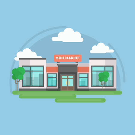 Mini market building outdoors with trees, sky and clouds.のイラスト素材