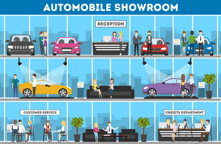 Showroom interior set. Automobiles for sell. Reception, customer service and credits department.のイラスト素材