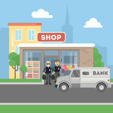 Cash transit guards with van. Two smiling men in bulletproof vests with money bags. Landscape with shop building.のイラスト素材