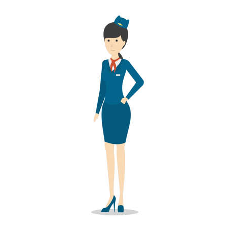 Isolated flight attendant on white background. Beautiful female stewardess in blue uniform gesturing.のイラスト素材