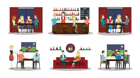 Bar illustartions set on white background. Football match, bar with bartender, alcohol drinks and friends.のイラスト素材