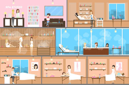 Spa center inetrior set. Reception, wellness room and sauna.のイラスト素材