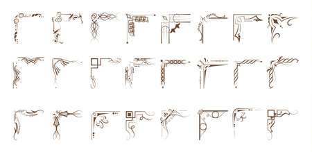 Set of ornametal corners on white background. Classic, floral and ethnic ornaments. Embroidery.のイラスト素材