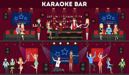 Karaoke bar interior set. Bar and scene, dance hall and visitors.のイラスト素材