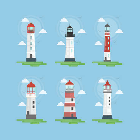 Lighthouses illustrations set. Beacons with clouds and nautical style.のイラスト素材