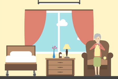 Knitting in nursing home. Seniors and helpers. People relax and do hobbies.のイラスト素材