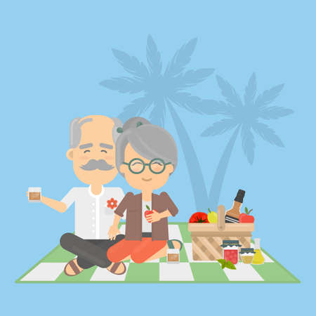 Old couple on picnic. Retired seniors sit on the floor with food basket and relax.のイラスト素材