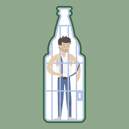 Alcoholism concept illustration. Alcoholic in bottle jail, locked. Drunk sad addicted man.のイラスト素材