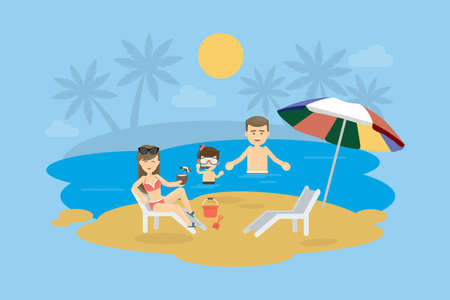 Family at the beach. Happy smiling parents with child swim in the ocean, play in the sand and enjoy the sun.のイラスト素材