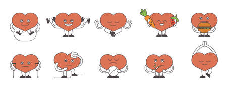 Heart lifestyle set on white background. Healthy heart with fresh food and sport. Sick heart with cigarettes, pills and illness.のイラスト素材