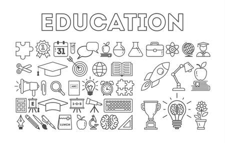 Education icon set on white background. Golden cup, lightbulb, apple, book and more. Black and white.のイラスト素材