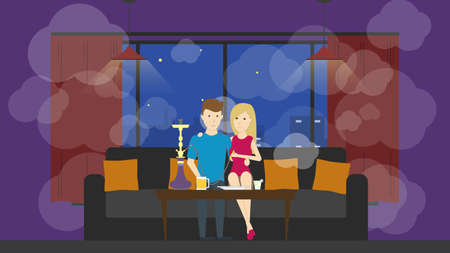Hookah bar interior. Alcohol drinks. Young couple relax and smoke.のイラスト素材