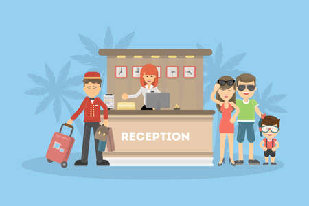 Visitors at the hotel reception desk talking with the femake receptionist. Summer time.のイラスト素材