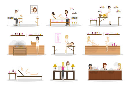 Spa center set. Reception and depilation, wellness room and sauna.のイラスト素材