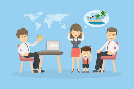 Family in travel agency. Happy parents and boy enjoy future travel.のイラスト素材