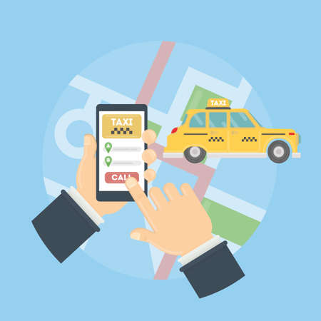 App for taxi. Man holds hand with smarthone. Application for calling taxi. Yellow car on the city map.のイラスト素材