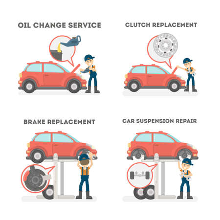 Car service set on white background. Repair service and oil change, brake and clutch replacement.のイラスト素材