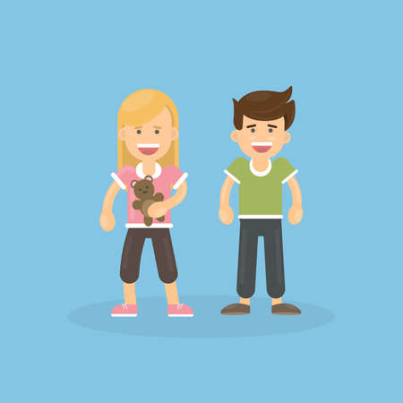 Isolated boy and girl standing on blue background. Blond girl in pink with teddy bear and brown haired boy in green.のイラスト素材