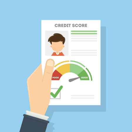 Credit score document. Man holds the aper with foto and personal information about credit and index.のイラスト素材