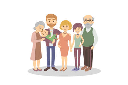 Isolated happy family on white background. Parent and grandparents and son and daughter. Pregnant mother.のイラスト素材