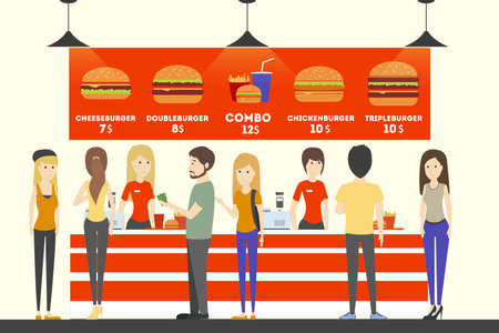 Fast food cashier. People in uniform sell the food to customers. Burgers, french fries and drinks.のイラスト素材