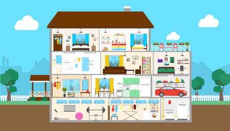House interior set. Outside the house. Bedroom and kitchen, bathroom and garage, gym and more.のイラスト素材