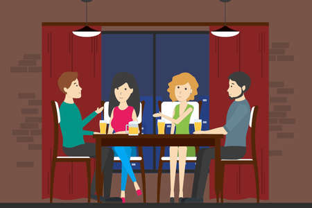 People in bar. Company of men and women sit on the table and drink alcohol and have fun.のイラスト素材