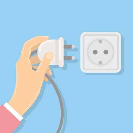 Power plug with socket. Hand holds the plug. Electricity.のイラスト素材