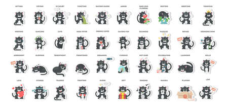 Cat emoji set on white background. Joy and sick, sad and more. Stickers.のイラスト素材