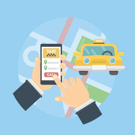 App for taxi. Man holds hand with smarthone. Application for calling taxi. Yellow car on the city map.のイラスト素材