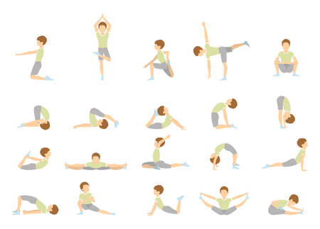 Yoga for kids. Isolated poses and asanas for children on white background.のイラスト素材