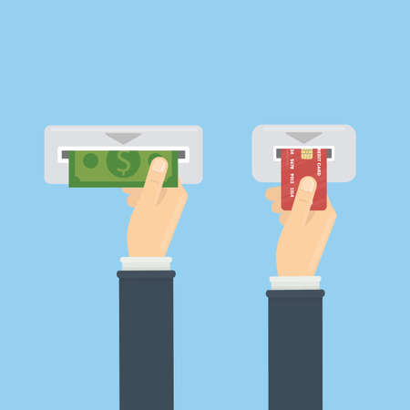 Atm with money and credit card. Ways of transaction and transfering money.のイラスト素材