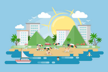 city beach vector illustration. Sun sea boat and peopleのイラスト素材