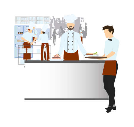 Chef on the kitchen on white background. Restaurant kitchen interior with staffのイラスト素材