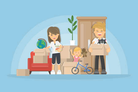 Moving to new house. young family relocation vector illustrationのイラスト素材