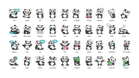 cute panda, stickers collection, in different poses, different moods vector illustrationのイラスト素材