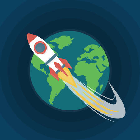 Planet Earth and rocket. Flat Vector illustrationのイラスト素材