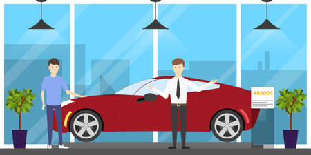 Automobile showroom set on white background. Cars, salesmen and visitors.のイラスト素材
