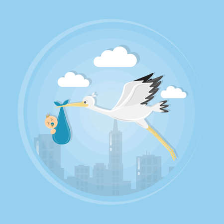Cartoon stork in sky with baby. Design template for greeting card, baby shower invitation, banner. Congratulations to the newborn. Vector illustration in flat style.のイラスト素材